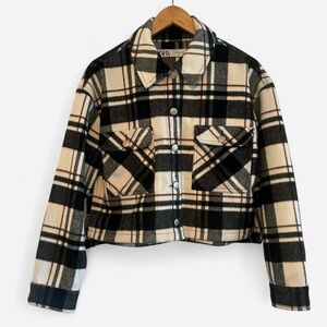 Zara Black and Cream Plaid Bomber Jacket